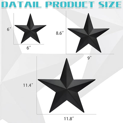 VIVICOMFY 6" 9”12"（3pieces Black Barn Star Wall Decor,Metal Stars Rustic Vintage Western Country Farmhouse Home Indoor or Outdoor Wall Decoration,Texas Stars for House Art Décor