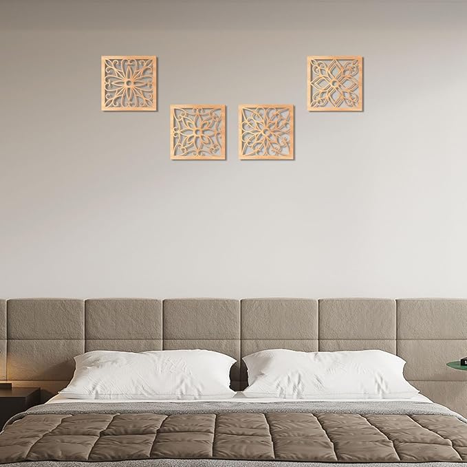 KOYILTD 4 Pieces Thicken Rustic Wall Decor,Flower Carved Wall Art,Wooden Hollow Carved Design (Square, 8.2in)