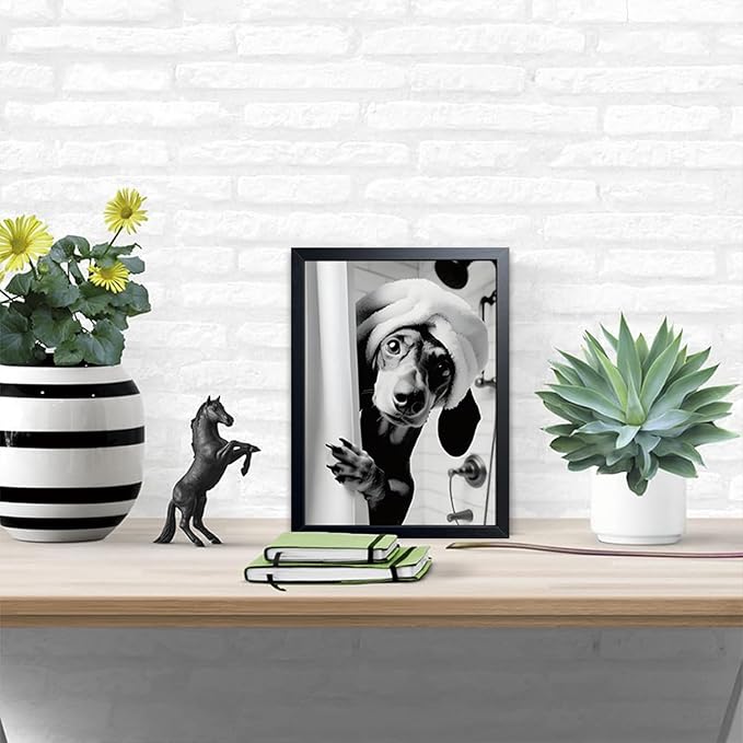 XYHYRA Black and White Bathroom Wall Art, Funny Dachshund Canvas Prints Poster, Cute Animal Wall Decor Picture, Modern Farmhouse Restroom Bathroom Home Decoration 16x24 Inch Wood Framed
