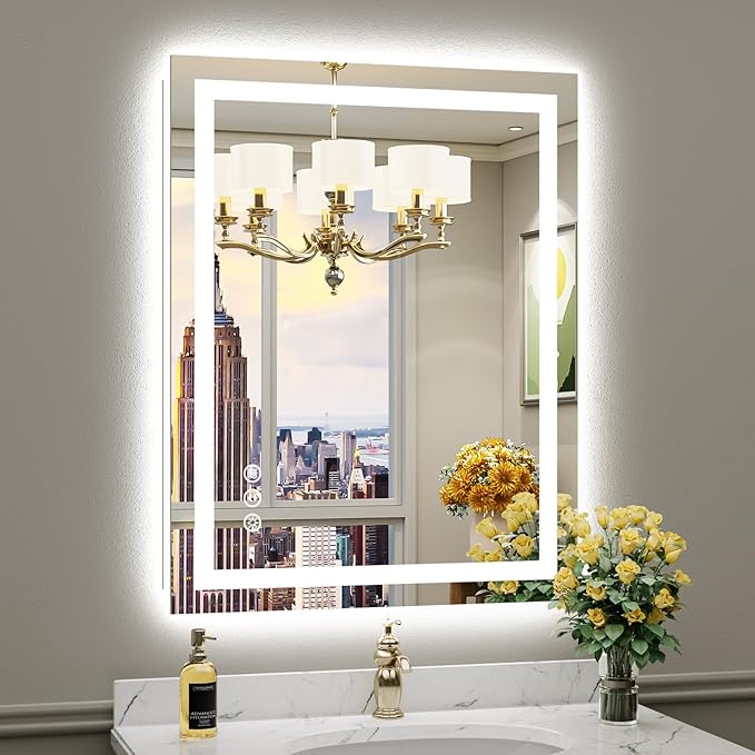 Briivue 28x36 Inch LED Bathroom Mirror with Lights, Backlit & Front Lit, Anti-Fog Lighted Bathroom Vanity Mirror for Wall, Memory Function, Dimmable, HD Tempered Glass, Shatter-Proof