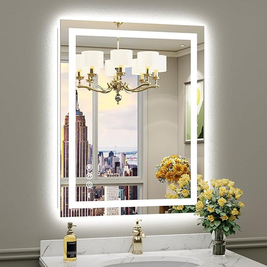 Briivue 28x36 Inch LED Bathroom Mirror with Lights, Backlit & Front Lit, Anti-Fog Lighted Bathroom Vanity Mirror for Wall, Memory Function, Dimmable, HD Tempered Glass, Shatter-Proof