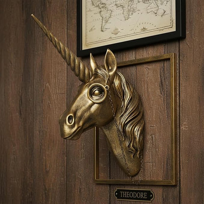 JJALIGHTS Exquisite Resin Animal Head Wall Sculpture (Gift Metal Frame) - Imitation Copper Vintage Decor for Living Room, Bedroom & Office | Decorative Wall Hanging Art (Unicorn)