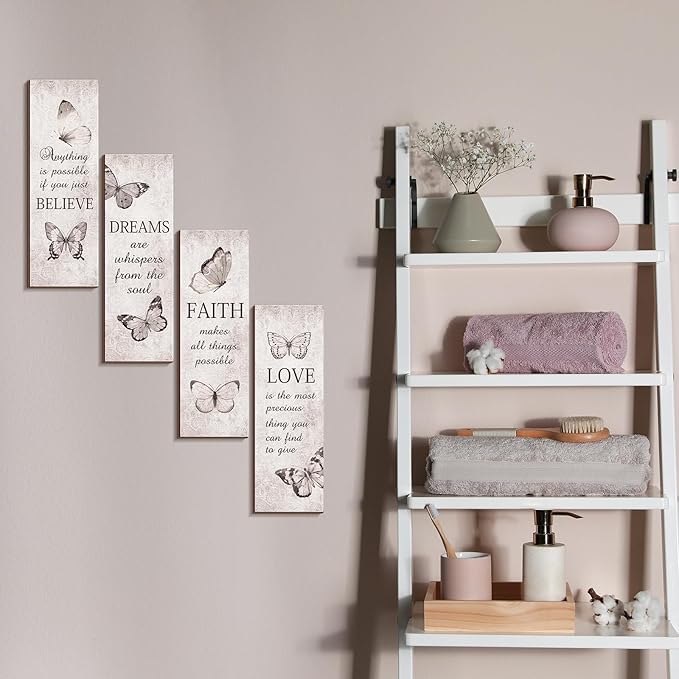 Qunclay 4 Pcs Inspirational Butterfly Wall Signs 16 x 5 Inch Rustic Wooden Wall Decor with Believe Faith Dream Love Quotes for Bathroom Bedroom Living Room Home Decor