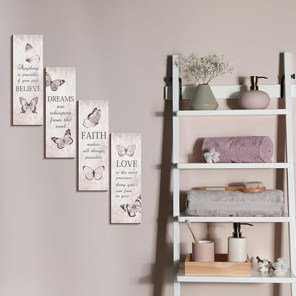 Qunclay 4 Pcs Inspirational Butterfly Wall Signs 16 x 5 Inch Rustic Wooden Wall Decor with Believe Faith Dream Love Quotes for Bathroom Bedroom Living Room Home Decor
