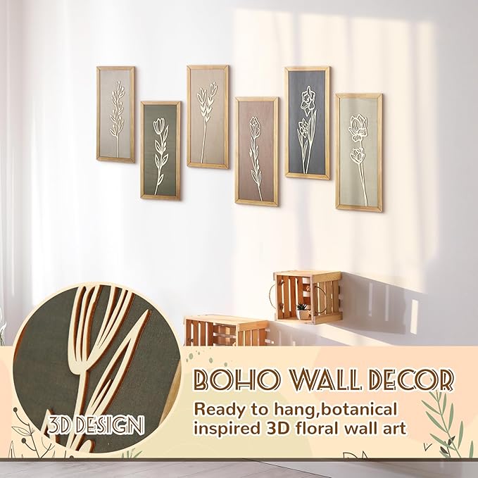 Wesiti 6 Pcs Boho Wall Art Wooden Floral Wall Decor Minimalist Botanical Print Art Decor for Rustic Vintage Farmhouse Home Living Room Bedroom Bathroom Kitchen Decoration, 15.75 x 6.69 Inch(Morandi)