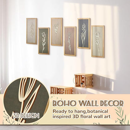 Wesiti 6 Pcs Boho Wall Art Wooden Floral Wall Decor Minimalist Botanical Print Art Decor for Rustic Vintage Farmhouse Home Living Room Bedroom Bathroom Kitchen Decoration, 15.75 x 6.69 Inch(Morandi)