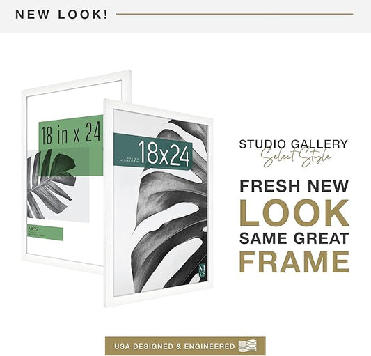 MCS Studio Gallery 18x24 Poster Frame White Woodgrain Engineered Wood, Vertical & Horizontal Wall Hanging Large Picture Frame for Photos, Posters & Art Prints (2-Pack)