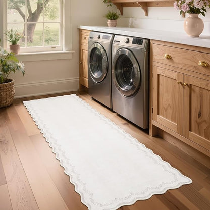 GarveeHome 2x6 Scalloped Washable Runner Rug for Kitchen, Soft Beige Hallway Runner Non Slip Entryway Rug Farmhouse Thin Laundry Mat Stain Resistant Carpet for Bedroom Bathroom Beside Rug