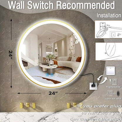 24 Inch Gold Bathroom Round LED Mirror with Lights Gold Frame Round Lighted Mirror for Bathroom Wall Round Vanity Lighted Mirrors 3 Color Dimmable Anti Fog Bathroom Circle Light up Smart Mirror