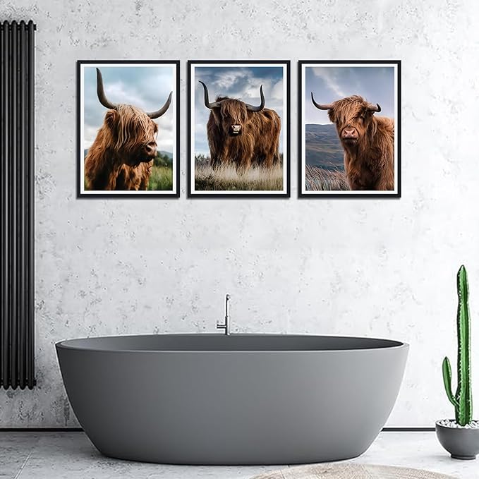 3 Pieces Farmhouse Animals Framed Canvas Wall Art Highland Cow Picture Wall Decor for Country House Modern Cow Portrait Print Artwork for Living Room Decoration Easy to Hand 16x24inchx3pcs