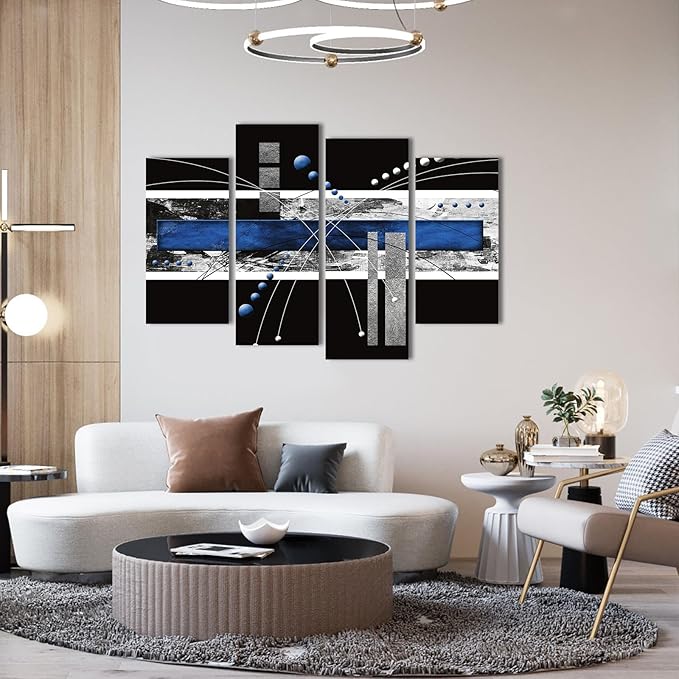 YPY Black Blue Canvas Wall Art - 4 Panels Modern Abstract Picture Set for Home Decoration - Extra Large Contemporary Painting Artwork Ready to Hang Living Room Bedroom W64 x H42