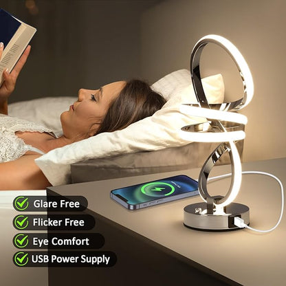 EIDISUNY RGB Spiral Table Lamp, Modern LED Table Lamp, Chrome Cool Bedside Lamps, 7 Colors & 10 Light Modes Touch Dimmable LED Nightstand Lamp with USB/Type C for Bedroom, Living Room,Silver