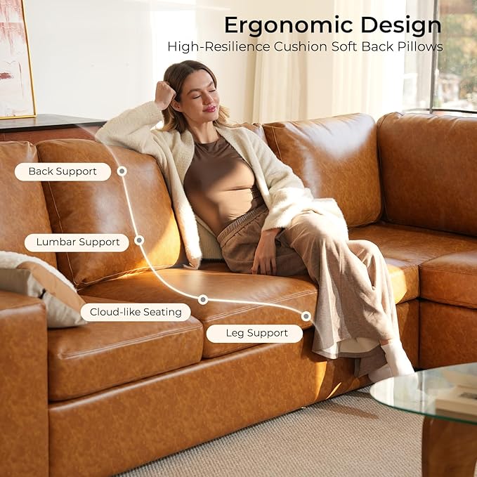 ELUCHANG 113" V-Shaped Modular Sectional Sofa Couch, Modern 5-Seat Premium Faux Leather Deep Seat Sofa with Corner, Removable Cover, Easy Assembly, Large Sofas & Couches for Living Room, Office, Brown