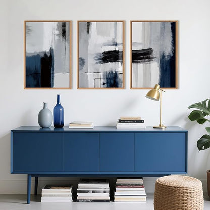 DRACIT Large Abstract Navy Blue Color Block Framed Canvas Print Wall Art Set,Gray White Modern Neutral Brush Strokes Wall Decor,Minimalist Blue Toned Geometric Line Artwork for Living Room,Bedroom-24"x36"x3