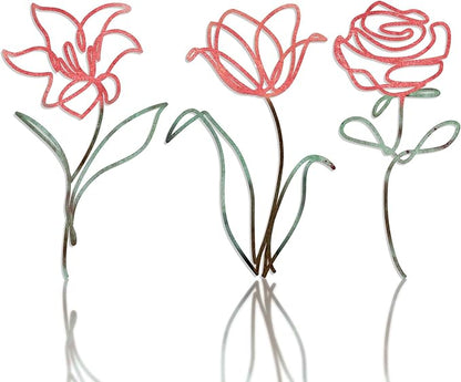 Oubasa 3 Pieces Metal Flowers Wall Art Decor, Rustic Farmhouse Metal Wall Ornament Arts Pink Minimalist Floral Decor for Bathroom Kitchen Bedroom Living Room, 6x10 Inches - Housewarming Gifts