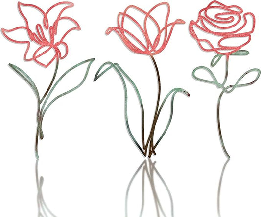 Oubasa 3 Pieces Metal Flowers Wall Art Decor, Rustic Farmhouse Metal Wall Ornament Arts Pink Minimalist Floral Decor for Bathroom Kitchen Bedroom Living Room, 6x10 Inches - Housewarming Gifts