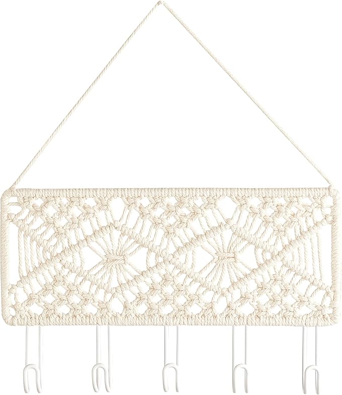 Mkono Key Holder for Wall Decorative Small Macrame Key Holder Boho Home Decor 5 Hooks Display Key Hanger for Entryway, Hallway, Bedroom, Living Room