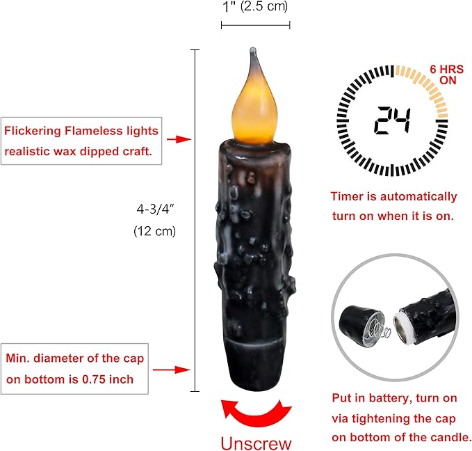 CVHOMEDECO. Real Wax Hand Dipped Battery Operated LED Timer Taper Candles Rustic Primitive Flameless Lights Décor, 4-3/4 Inch, Matt Black, 6 PCS in a Package