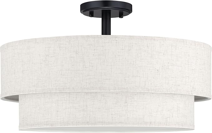 20 Inch LED 24W Adjustable 3000/4000/5000 Black Double Drum Linen Fabric Shade Semi Flush Mount Close to Ceiling Light Fixture for Bedroom,Living Room,Dining Room Hallway