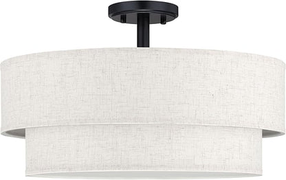 20 Inch LED 24W Adjustable 3000/4000/5000 Black Double Drum Linen Fabric Shade Semi Flush Mount Close to Ceiling Light Fixture for Bedroom,Living Room,Dining Room Hallway