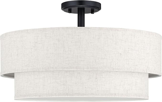 20 Inch LED 24W Adjustable 3000/4000/5000 Black Double Drum Linen Fabric Shade Semi Flush Mount Close to Ceiling Light Fixture for Bedroom,Living Room,Dining Room Hallway