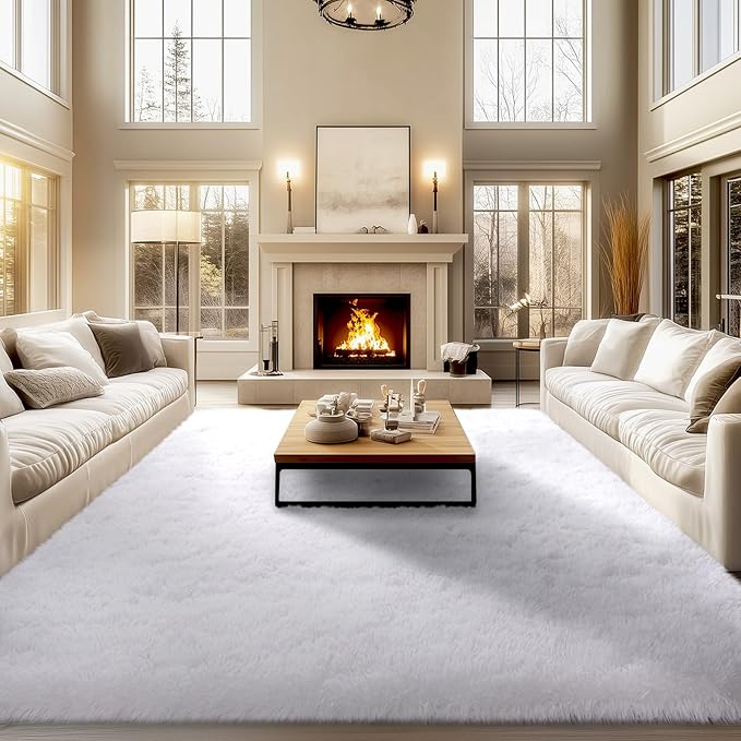 qulint 9x12 Area Rug for Living Room, Soft Fluffy White Rug for Bedroom Shag Shaggy Carpet for Girls Room, Plush Fuzzy High Pile Alfombras for Dorm Kid Room Classroom Home Decor (9ft x 12ft, White)