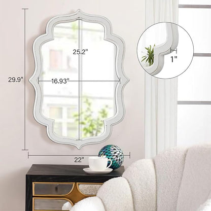 Vintage Oval Wall Mirror 22 X 30 Inch, Hanging Distressed White Scalloped Rustic Wood Wall Mirrors for Bathroom Bedroom Living Room, Farmhouse Entryway Mirror, Horizontal or Vertical