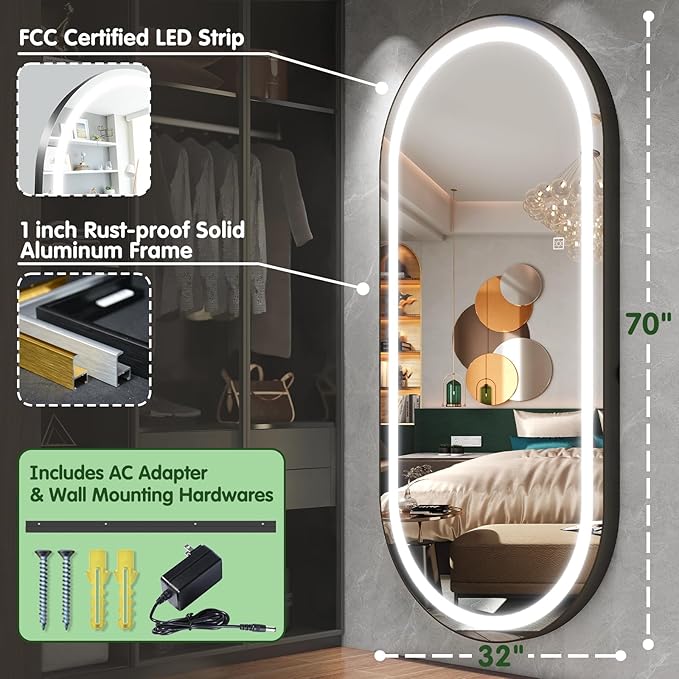 FENNIO 71" x 32" Large Wall Mounted Mirror with LED Lights, Oval Full Length LED Lighted Full Body Dressing Mirror for Bedroom, Salon, Brushed Aluminum Frame, Tempered Glass