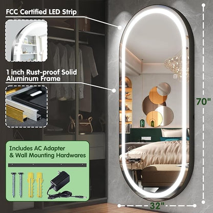 FENNIO 71" x 32" Large Wall Mounted Mirror with LED Lights, Oval Full Length LED Lighted Full Body Dressing Mirror for Bedroom, Salon, Brushed Aluminum Frame, Tempered Glass
