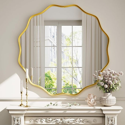 Round Wavy Mirror 42 Inch Bathroom Vanity Mirror Metal Frame Circle Wall Mounted Mirror for Bedroom Living Room Entryway Gold