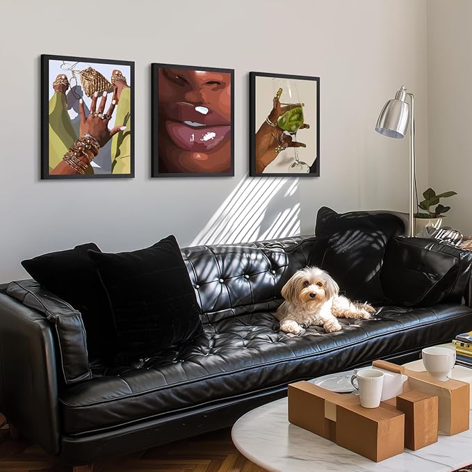 Hianan Black Girl Canvas Wall Art Set of 3, Wood Framed African American Woman Wall Decor, Fashion Black Women Poster Prints, Abstract Black Girl Aesthetic Pictures for Living Room Bedroom 12"x16"