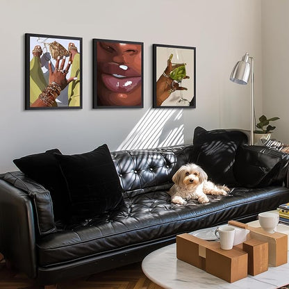 Hianan Black Girl Canvas Wall Art Set of 3, Wood Framed African American Woman Wall Decor, Fashion Black Women Poster Prints, Abstract Black Girl Aesthetic Pictures for Living Room Bedroom 12"x16"