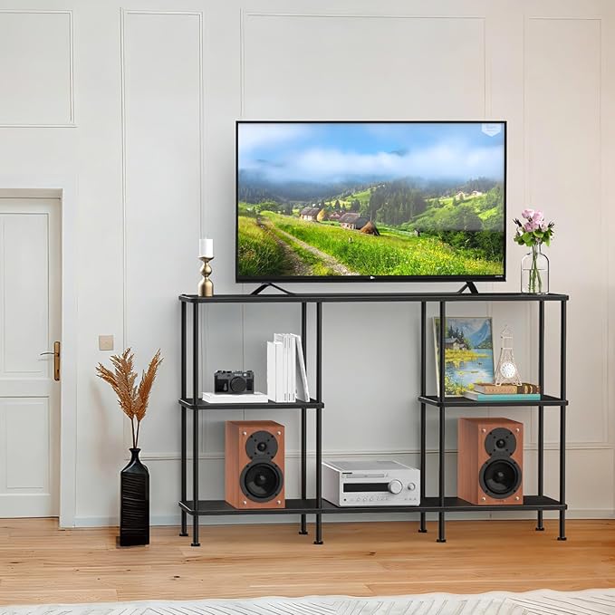 ETELI Tall Black TV Stand with Storage Small Entertainment Center for 50 Inch TV Console Table Media Stand 3 Tier Television Stands for Living Room and Bedroom