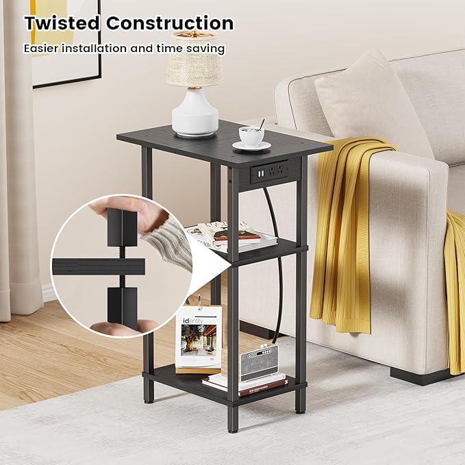 Asgolion Tall End Table with Charging Station, Skinny Nightstand with USB Ports and Outlets, 3 Tier Narrow Side Table with Storage for Bedroom, Living Room, Office, Black