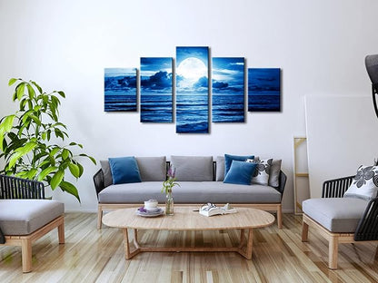 Pyradecor Blue Clouds Modern 5 Panels Moon Sea Beach Canvas Wall Art Large Gallery Wrapped Landscape Giclee Canvas Prints Pictures Artwork Paintings for Living Room Bedroom Home Decorations L