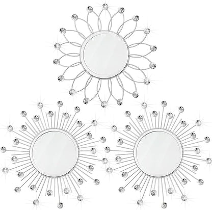 3 Pack Metal Mirrors for Wall Sunburst Wall Mirrors Home Décor Decorative Hanging Wall Art for Living Room Bedroom Entryway (Silver Crystal, Flower+Sunburst)