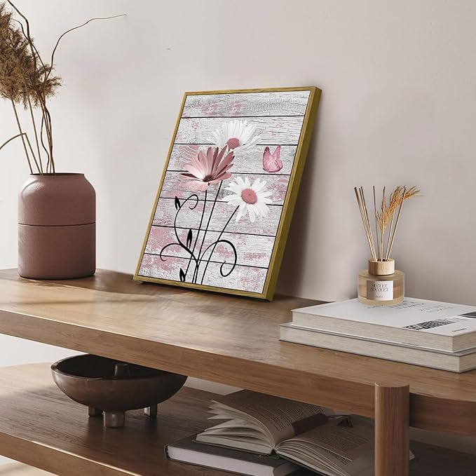 HVEST Farmhouse Floral Pink Wall Art for Bathroom, Rustic Daisy Butterfly on Grey Wood Canvas Wall Art Nature Flower Pictures for Bedroom Living Room Office Wall Decor Framed Artwork, 17L X 12W inches