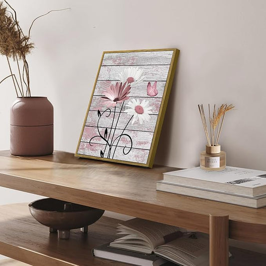 HVEST Farmhouse Floral Pink Wall Art for Bathroom, Rustic Daisy Butterfly on Grey Wood Canvas Wall Art Nature Flower Pictures for Bedroom Living Room Office Wall Decor Framed Artwork, 17L X 12W inches