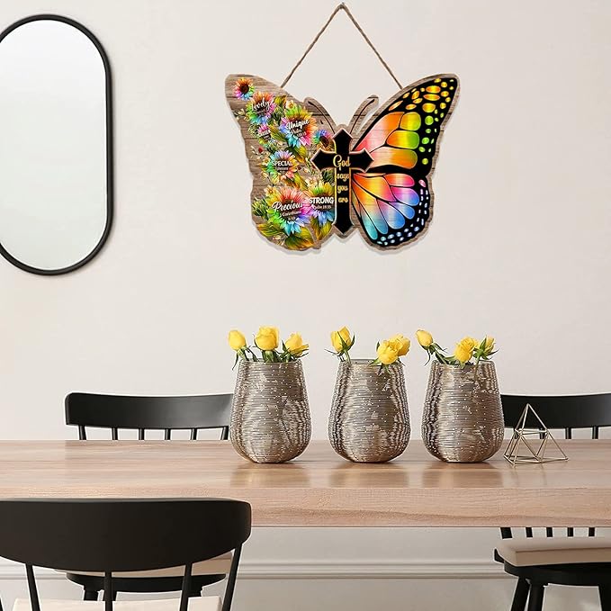RSLEE Butterfly Room Decor Cross Wooden Sign Wall Decor Scripture Plaque Quote Hanging Wall Sign Rustic Farmhouse Wall Art for Living Room, Tan, 9inchx12inch