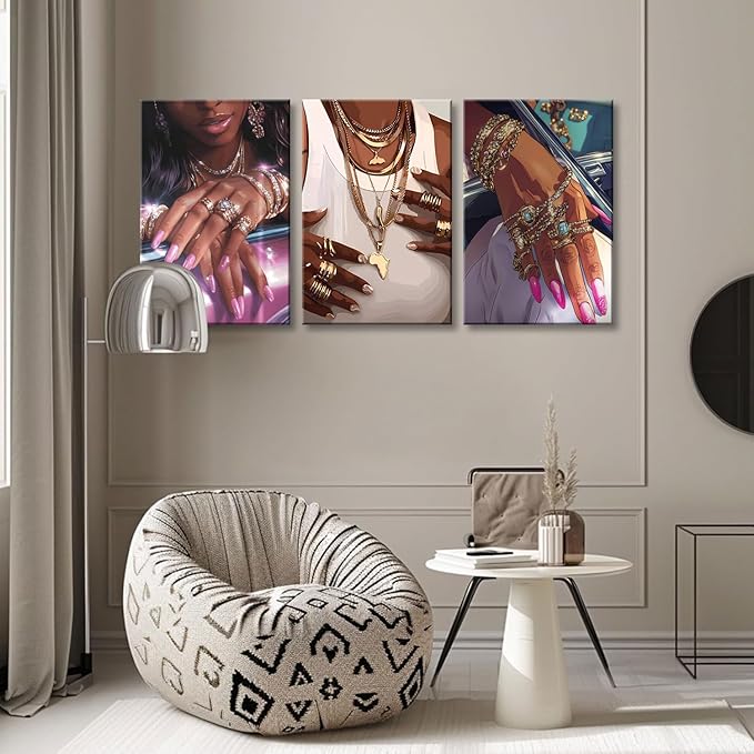 NCYEL 3Pcs Black Girls Wall Art African American Fashion Canvas Print Luxury Shiny Picture Gold Jewelry Decorative Prints Posters Bedroom Living Room Salon Artwork 12X16Inch