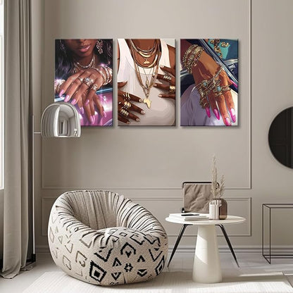 NCYEL 3Pcs Black Girls Wall Art African American Fashion Canvas Print Luxury Shiny Picture Gold Jewelry Decorative Prints Posters Bedroom Living Room Salon Artwork 12X16Inch