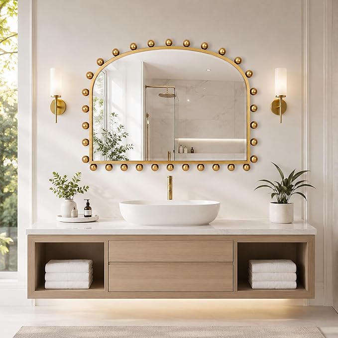 36"x28" Wide Arched Wall Mirror, Antique Gold Ball Frame with Beveled Glass, Large Horizontal Mantel Piece Over Fireplace or Above Sofa, Statement Metal Frame for Living Room