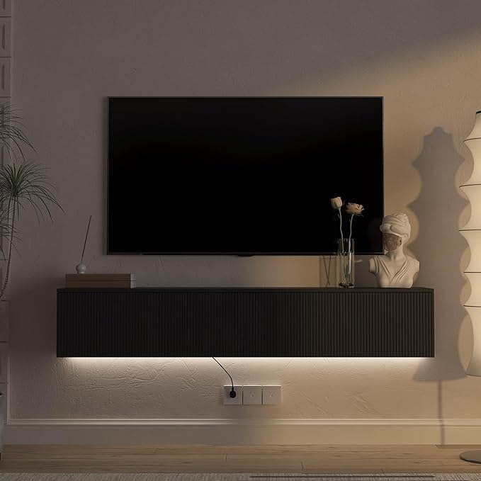 KEIKI 65" Floating TV Stand Wall Mounted with 16 Color LEDs & Power Outlets for TVs Up to 70 Inch, Wooden Media Console Entertainment Center Television Table Cabinet for Living Room, Bedroom