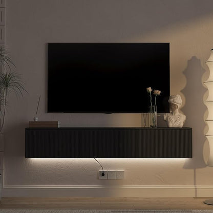 KEIKI 65" Floating TV Stand Wall Mounted with 16 Color LEDs & Power Outlets for TVs Up to 70 Inch, Wooden Media Console Entertainment Center Television Table Cabinet for Living Room, Bedroom