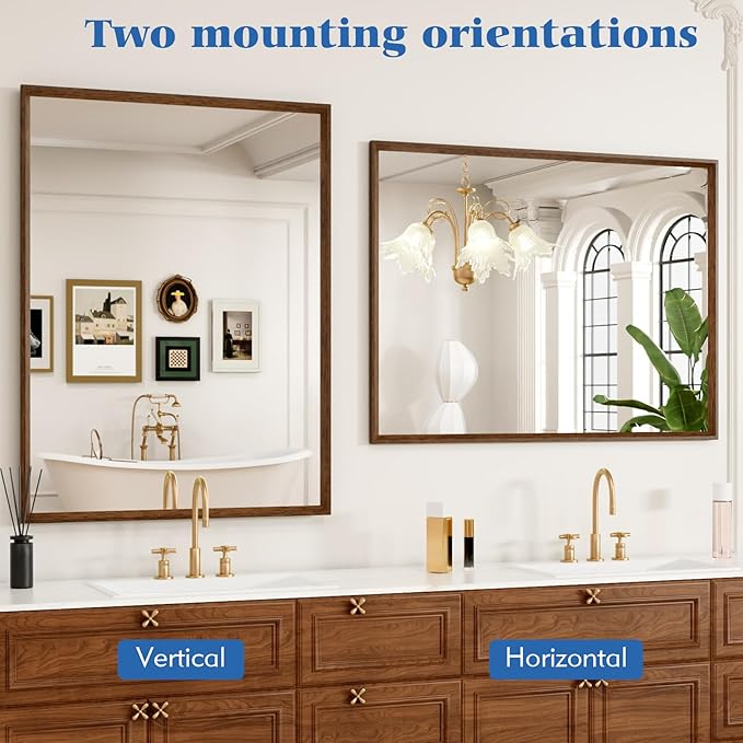 JISOSO Rectangle Bathroom Mirror 30x36 Inch, Walnut Wood Grain Framed, Anti-Rust & 4mm Tempered Glass, Horizontal/Vertical Hanging Vanity Mirror for Bathroom & Bedroom