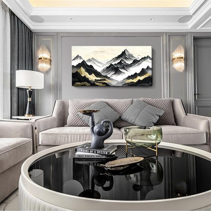 Large Black White And Gold Natural Landscape Wall Art For Living Rooms; Modern Abstract Canvas Prints Artwork For Walls; Chinese-Style Mountain Pictures For Bedrooms, Hallways, And Offices. 48X24 Inches.