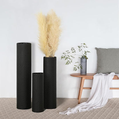 Dnnnii Tall Floor Vases Set of 3 - Black Metal Cylinder Vases for Living Room Corner, Modern Honeycomb Texture, Extra Large Standing Decor (Tallest 27.6in, Home Bedroom Dining Decor)
