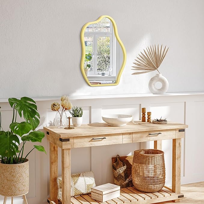 Asymmetrical Wooden Framed Wall Mirror Irregular Mirror for Wall Decor Modern Unique Shape Vanity Artistic Cloud Mirrors Decorative for Living Room Bedroom Bathroom Entryway Yellow