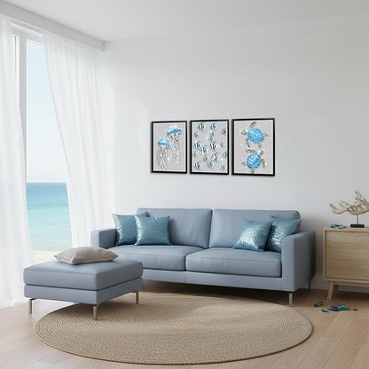 sechars Ocean Animal Wall Art Jellyfish Fish Sea Turtle Picture Prints Glam Blue and Grey Bathroom Decor Framed Artwork (Blue)