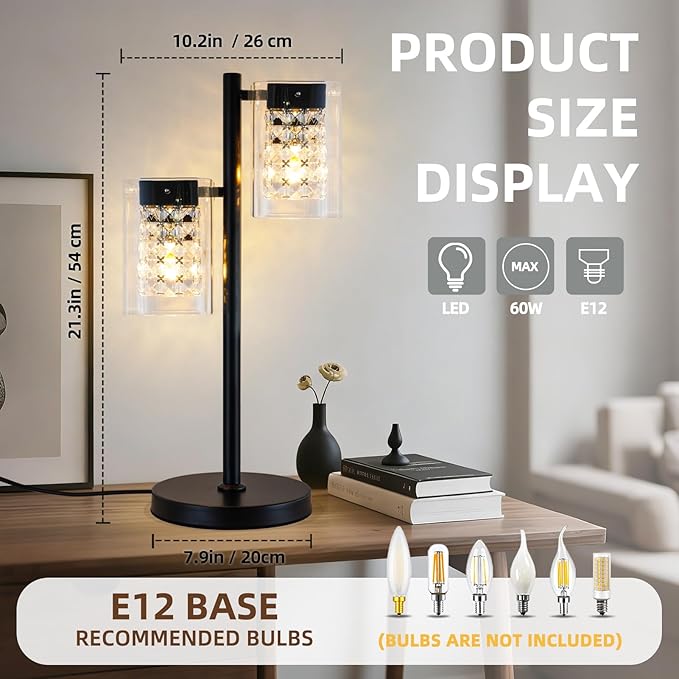 Crystal Table lamp-Modern Black Lamps for Living Room,Plug in Bedside Lamps with Switch,Elegant Desk lamp for Room Decor,Bedroom,Dining Room,23" Tall